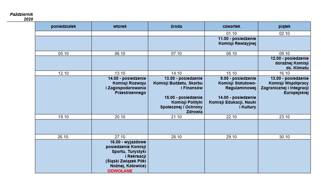 zbiorczy plan posiedzeń Komisji Sejmiku na październik 2020 r. (widok tabeli - poniżej szczegółowy opis)