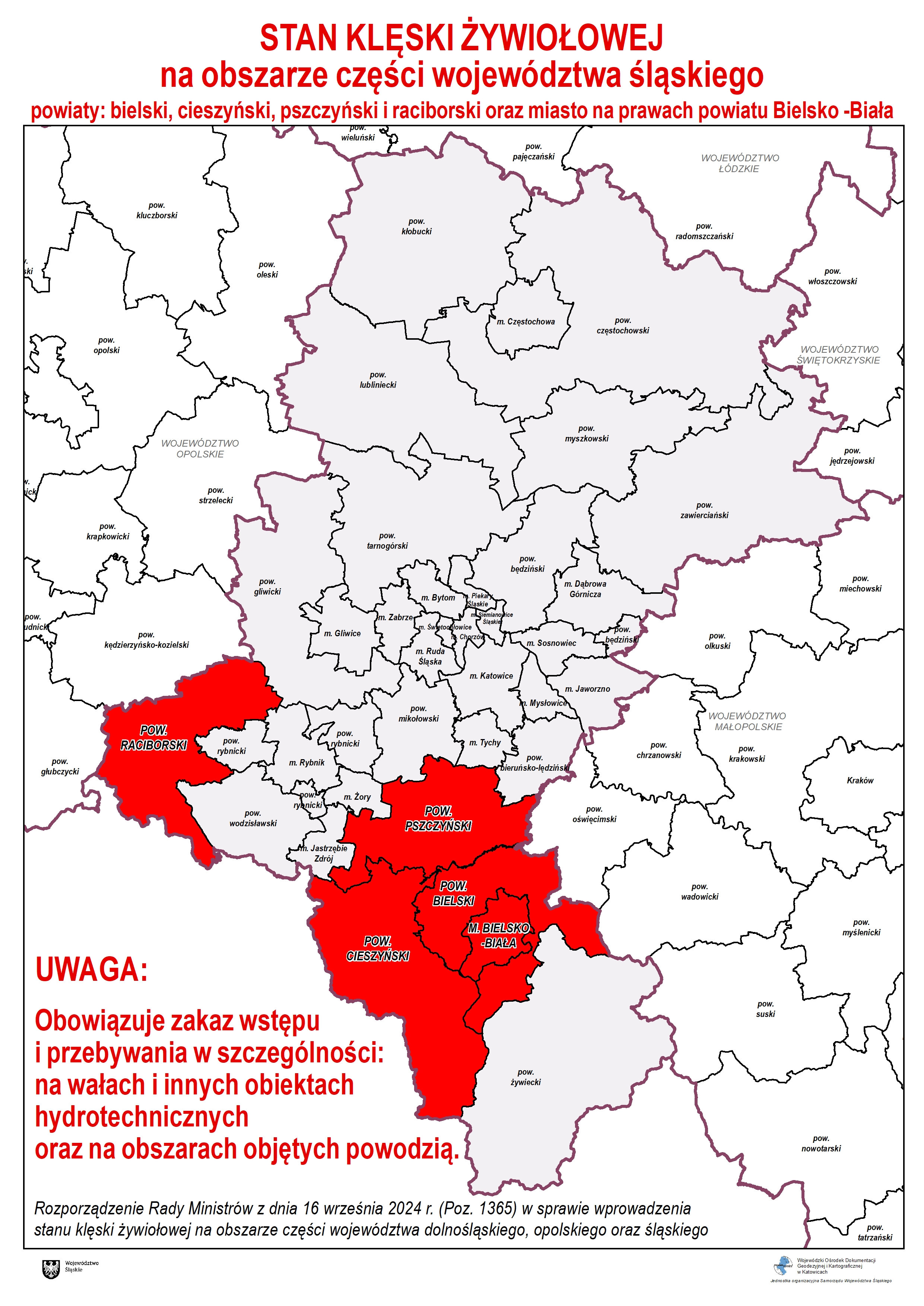 Mapa z oznaczonymi obszarami w województwie śląskim objętymi zakazem wstępu i przebywania na wałach i innych obiektach hydrotechnicznych oraz na obszarach objętych powodzią. Dotyczy pow. raciborskiego, pow. pszczyńskiego, pow. bielskiego, M. Bielsko-Biała, pow. cieszyńskiego.