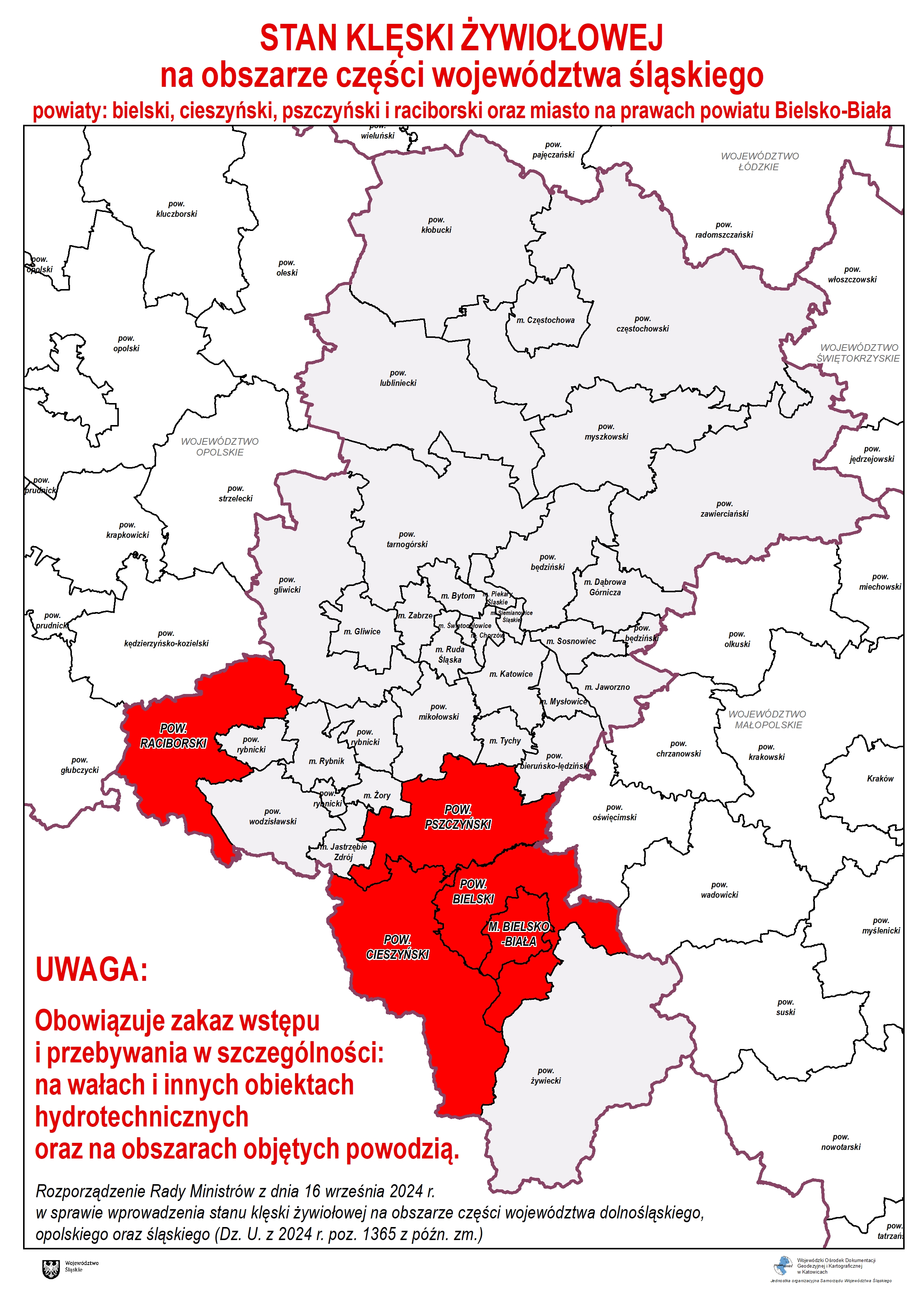 Mapa z oznaczonymi obszarami w województwie śląskim objętymi zakazem wstępu i przebywania na wałach i innych obiektach hydrotechnicznych oraz na obszarach objętych powodzią. Dotyczy pow. raciborskiego, pow. pszczyńskiego, pow. bielskiego, M. Bielsko-Biała, pow. cieszyńskiego.